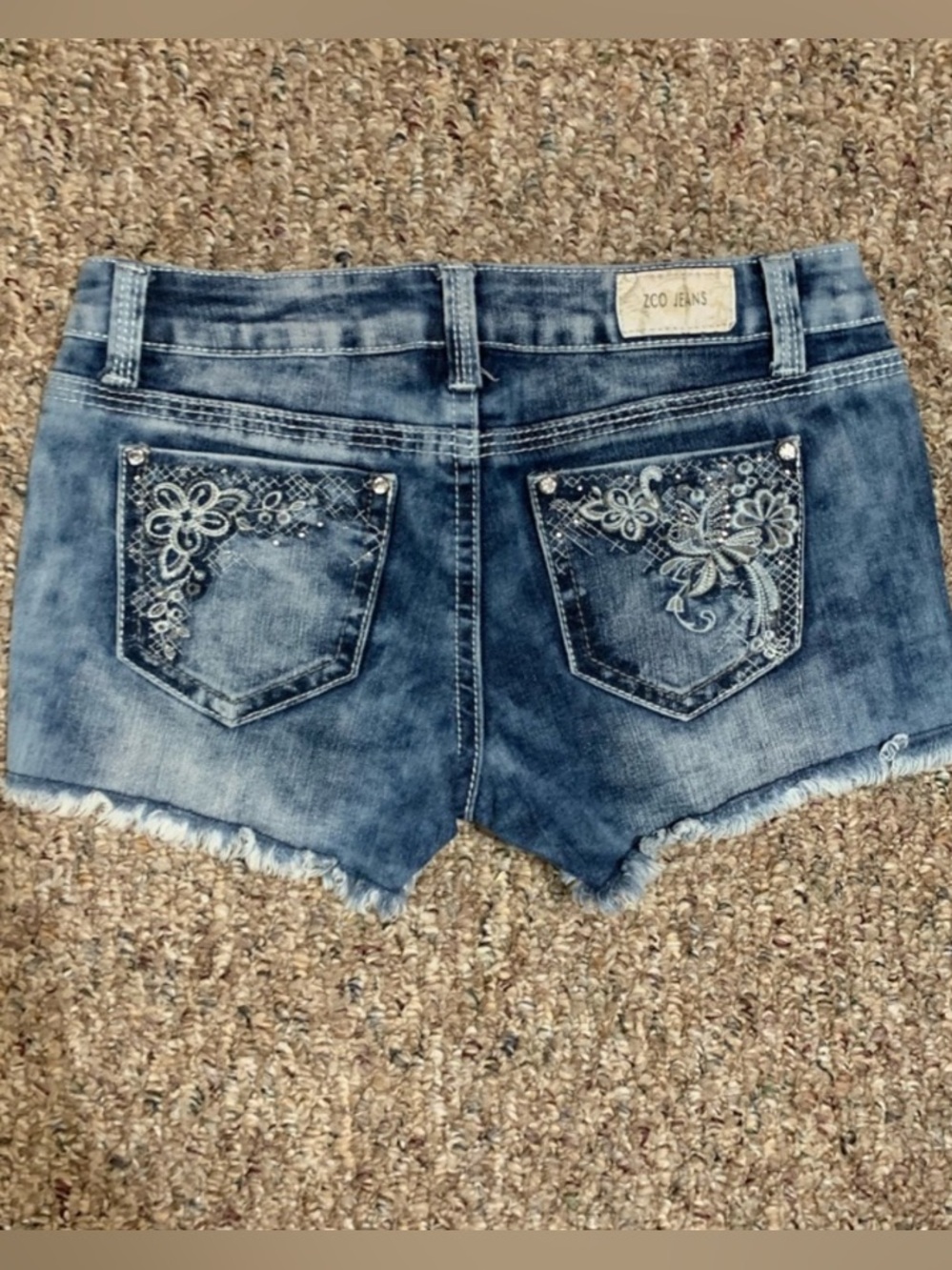 Y2K Rhinestone Denim Frayed Hem Women's Lowrise Shorts - Blue